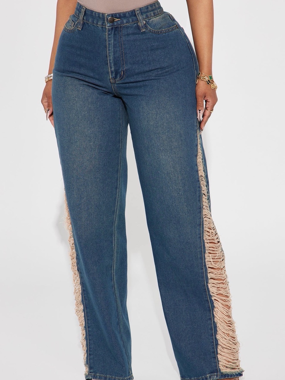 Fashionnova High-Rise Blue Jeans with Side Fringe Detail